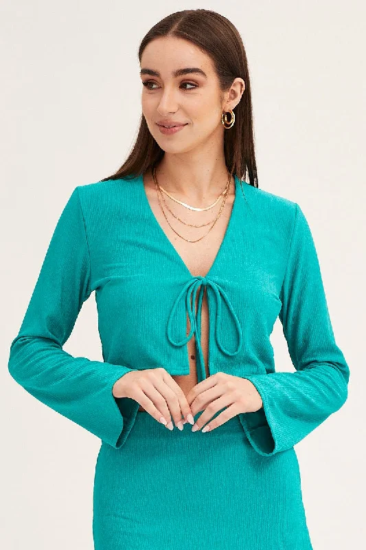 Value Deals Green Long Sleeve Tie Front Textured Tie Top
