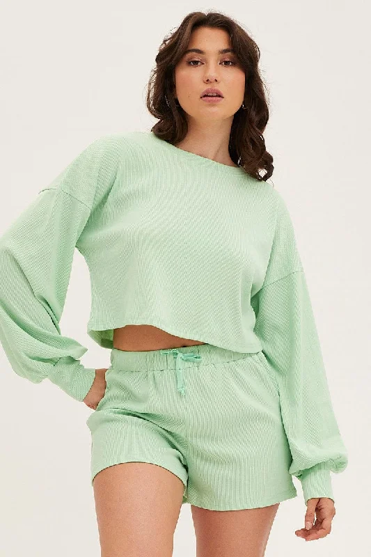 Steals and Deals Green Loungewear Shirts Crop Cotton
