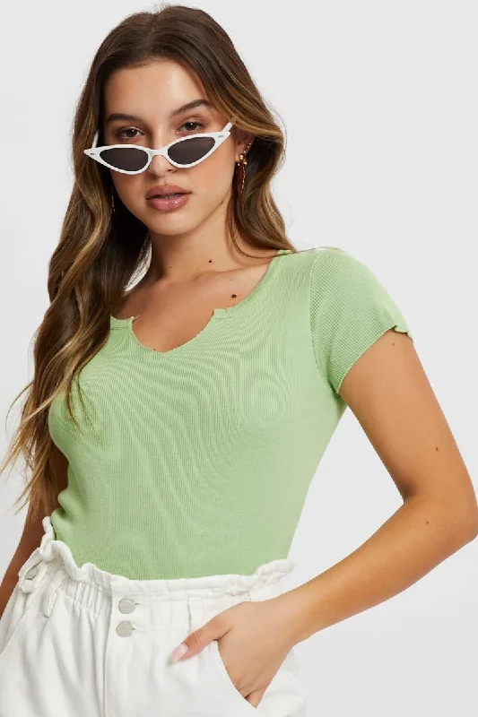 New Markdowns Green Notched Neck Cap Sleeve Knit Top