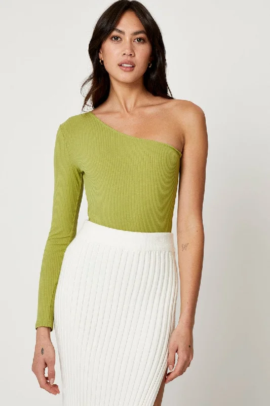 Green One Shoulder Ribbed Top