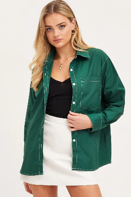 Blowout Sale Green Oversized Shirts Long Sleeve Collared