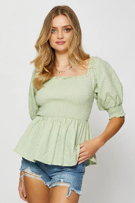 Incredible Offers Green Peplum Top Short Sleeve Round Neck