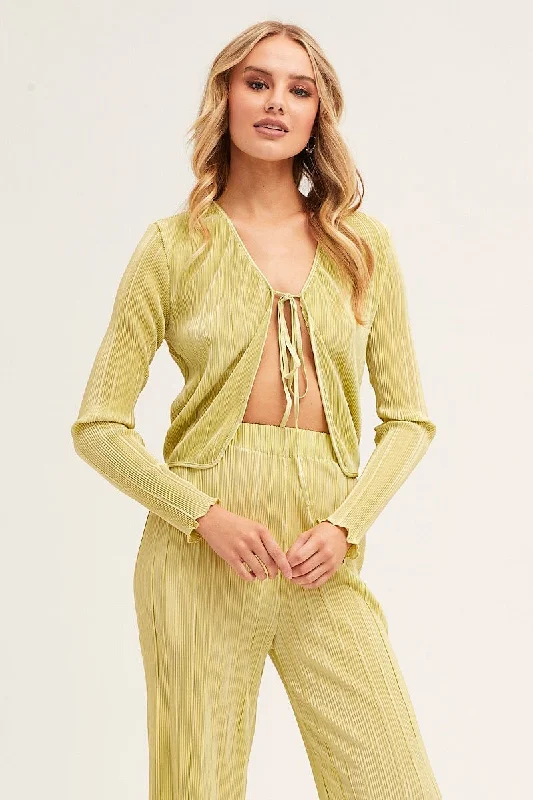 Mega Deal Green Plisse Top Tie Front Long Sleeve