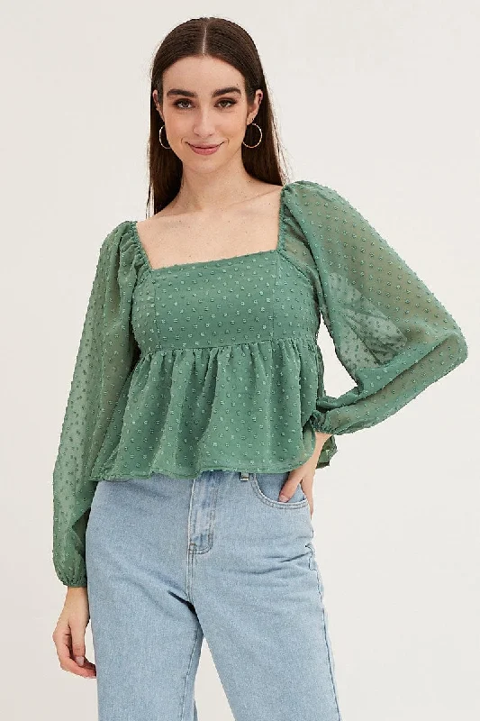 Seasonal Clearance Green Puff Sleeve Peplum Top