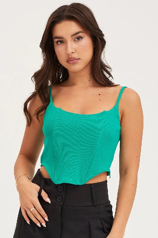 Green Rib Singlet Round Neck