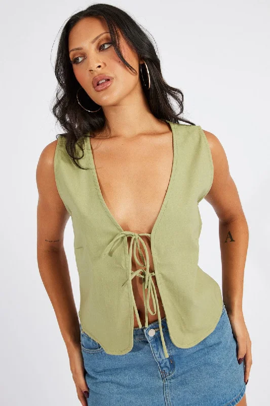 Big Savings Green Tie Up Top Linen