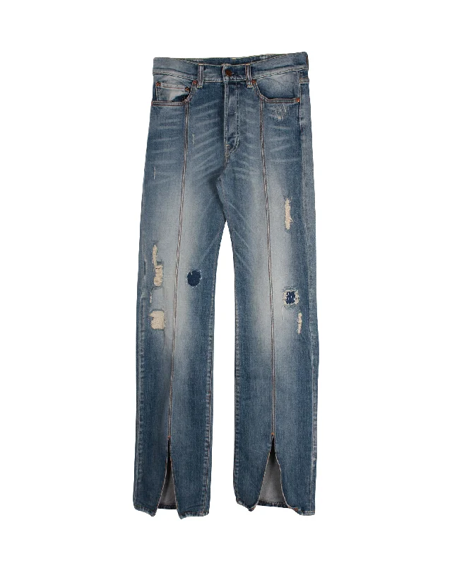 Limited Time Off-White Distressed Straight Leg Denim Jeans in Blue Cotton