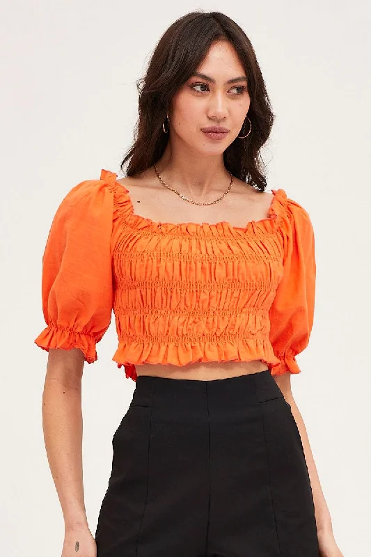 Instant Discount Orange Crop Top Short Sleeve Shirred