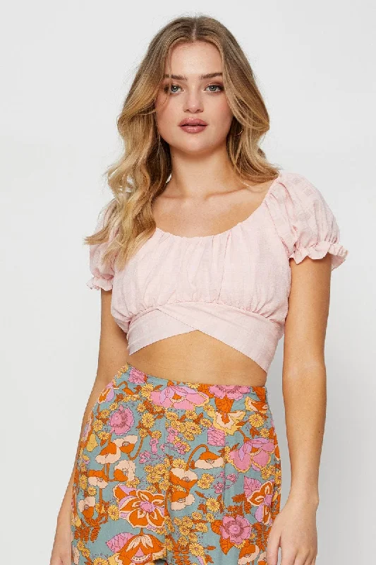 Savings Galore Pink Crop Top Short Sleeve Tie Up