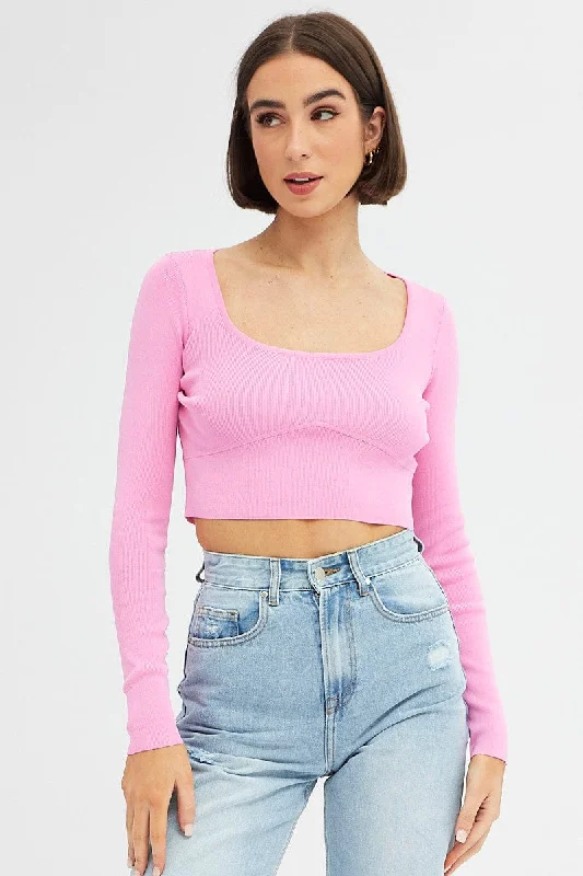 Amazing Deals Pink Knit Top Long Sleeve Crop