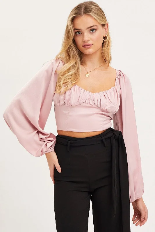 Special Discount Pink Puff Sleeve Top Long Sleeve Crop Satin