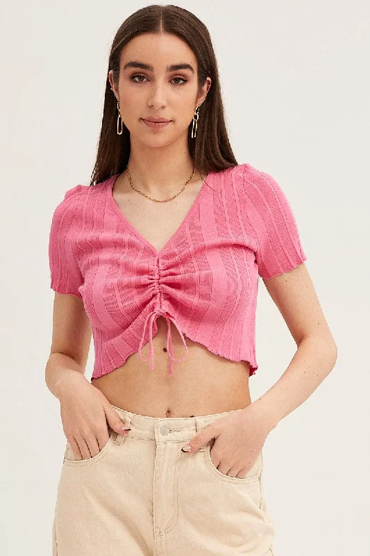 Daily Deals Pink Short Sleeve Ruched Knit Top