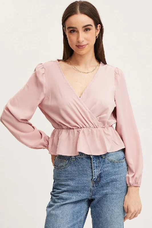 Weekend Flash Sale Pink Wrap Front Top Long Sleeve