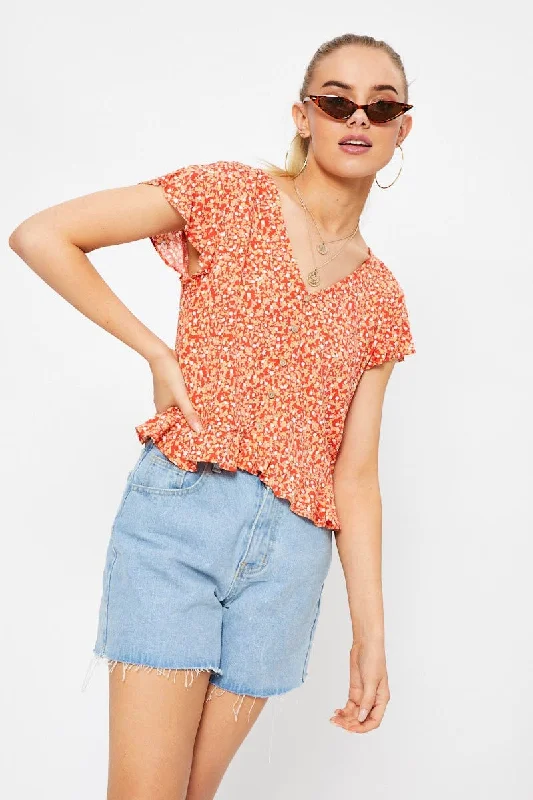 Major Savings Print Button Down Ruffle Top