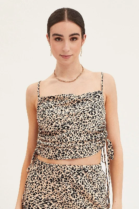 Warehouse Sale Print Cami Top Sleeveless Cowl Neck Satin