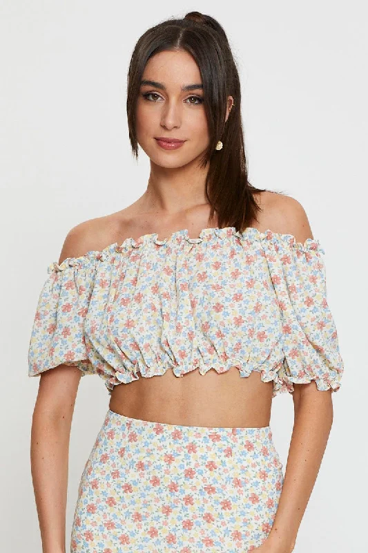 Value Deals Print Crop Blouse Off Shoulder