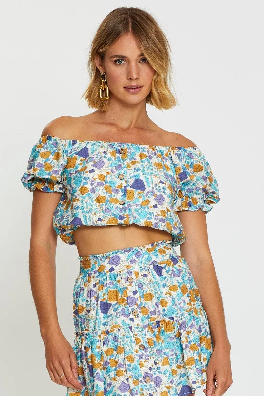 Special Savings Print Crop Top Off Shoulder