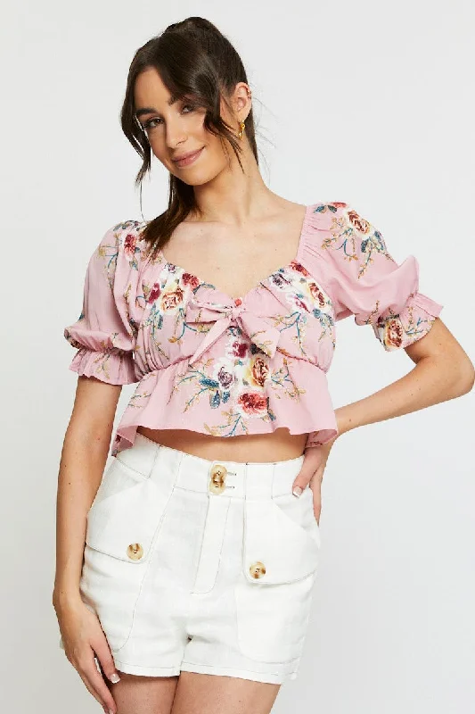Quick Sale Print Crop Top Short Sleeve Tie Up