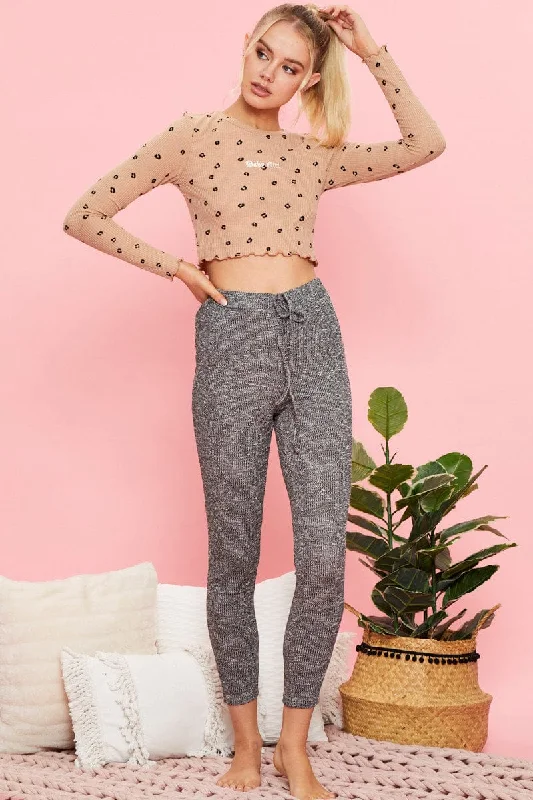 Super Sale Print Ribbed Top Long Sleeve