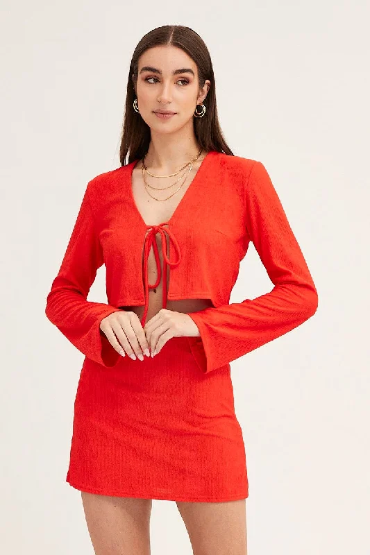 Unmissable Offer Red Long Sleeve Tie Front Textured Tie Top