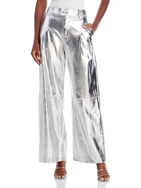 Tinsley Womens Metallic Faux Leather Wide Leg Pants