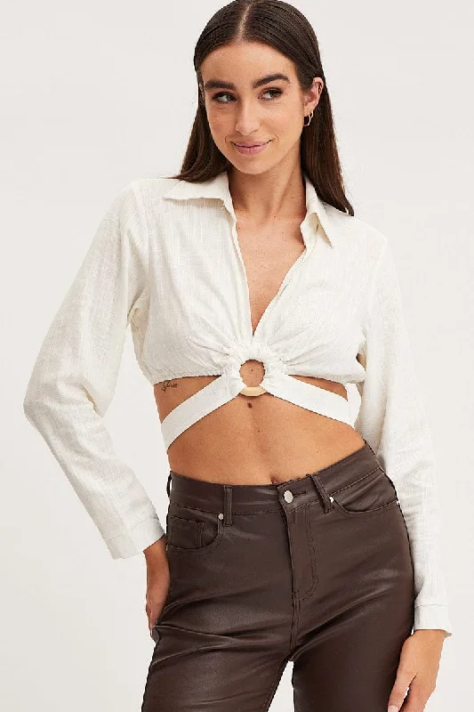 Savings Bonanza White Bell Sleeve Top Long Sleeve Crop