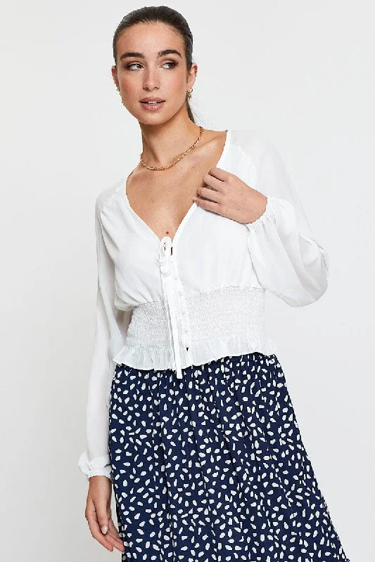 TIME-Limited Offer White Crop Top Long Sleeve V-Neck