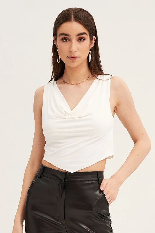 White Dip Hem Cowl Neck Top