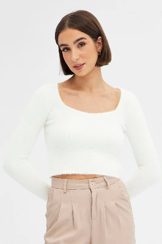 Final Markdown White Knit Top Long Sleeve Square Neck