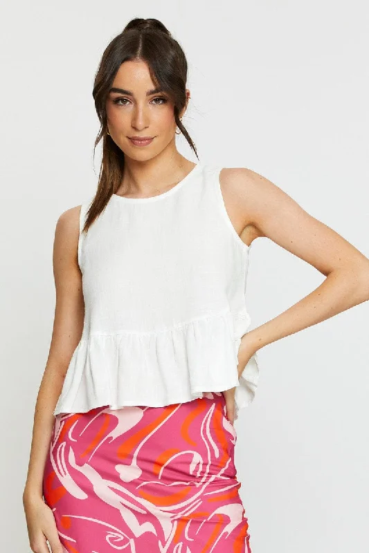 Special Discount White Peplum Top Sleeveless Ruffle