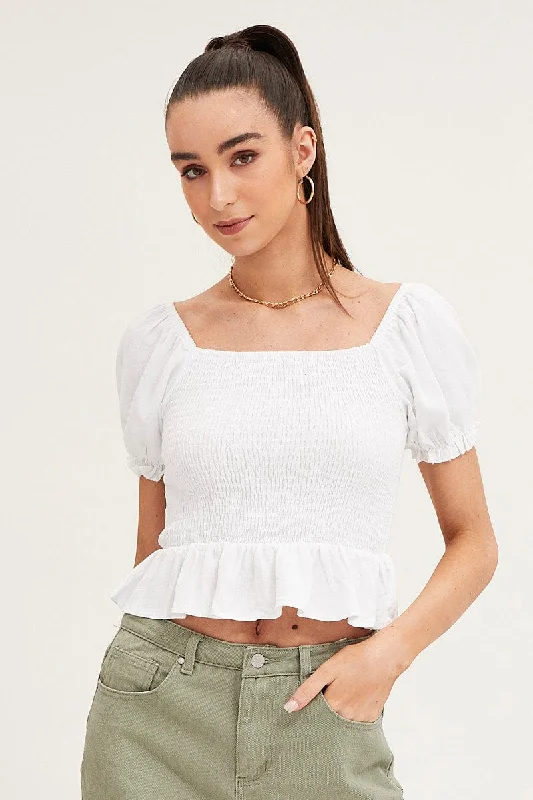Clearance Sale White Puff Sleeve Shirred Top