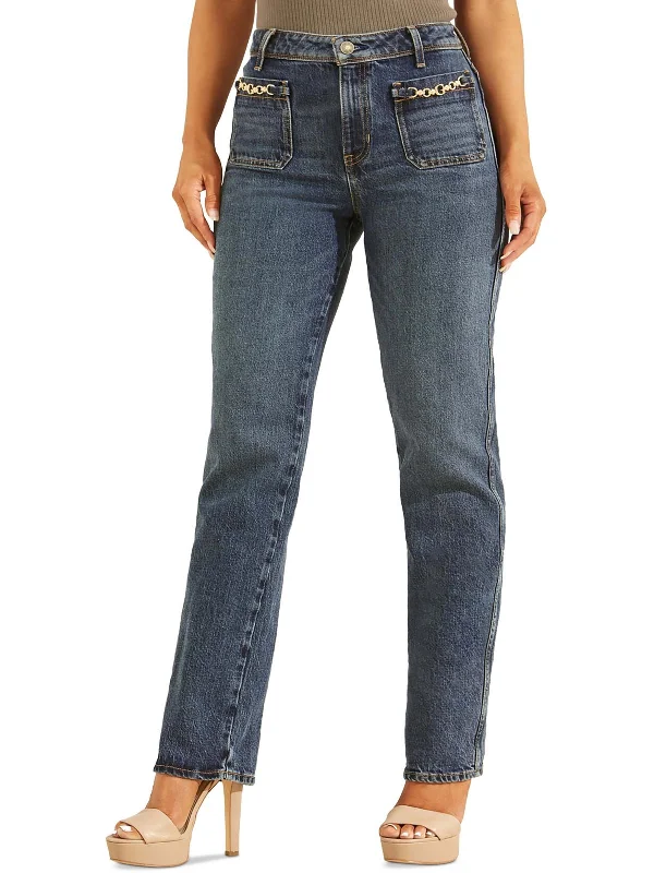 Womens High Rise Dark Wash Straight Leg Jeans