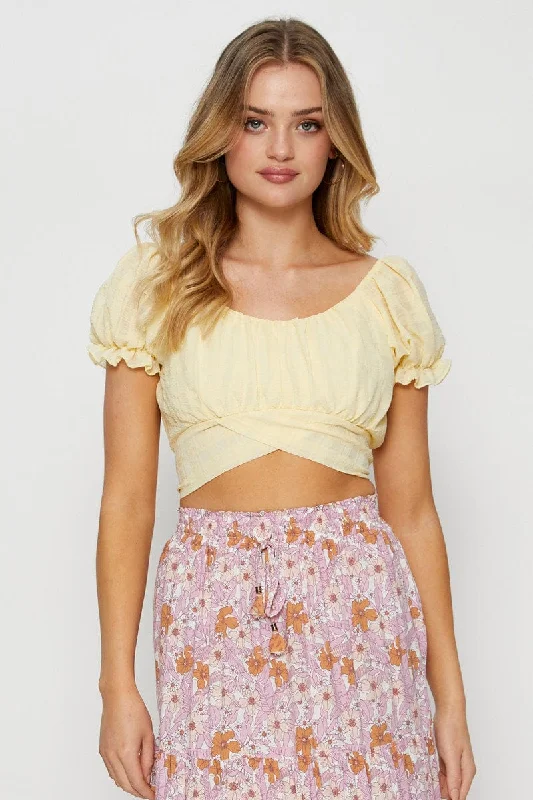 Sale Event Yellow Crop Top Short Sleeve Tie Up
