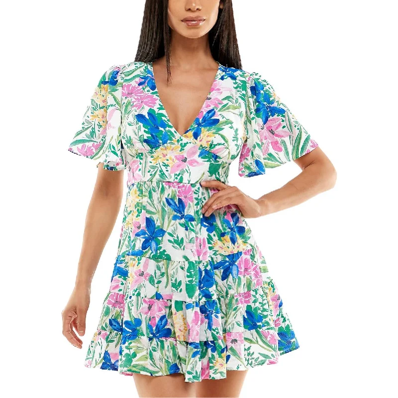 Early Access B. Darlin Womens Juniors Floral Print Polyester Fit & Flare Dress