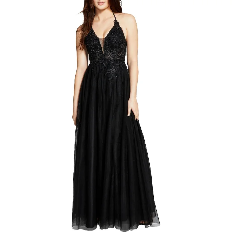 Closeout Blondie Nites Womens Juniors Mesh Halter Evening Dress