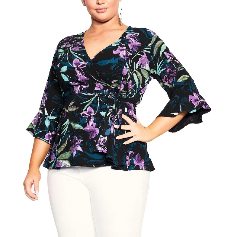 Price Drop City Chic Womens Plus Floral Flutter Sleeve Wrap Top