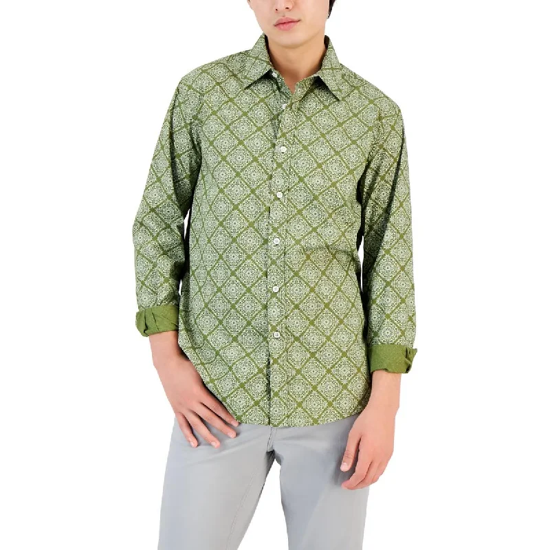 Steals and Deals Club Room Mens Cotton Printed Button-Down Shirt