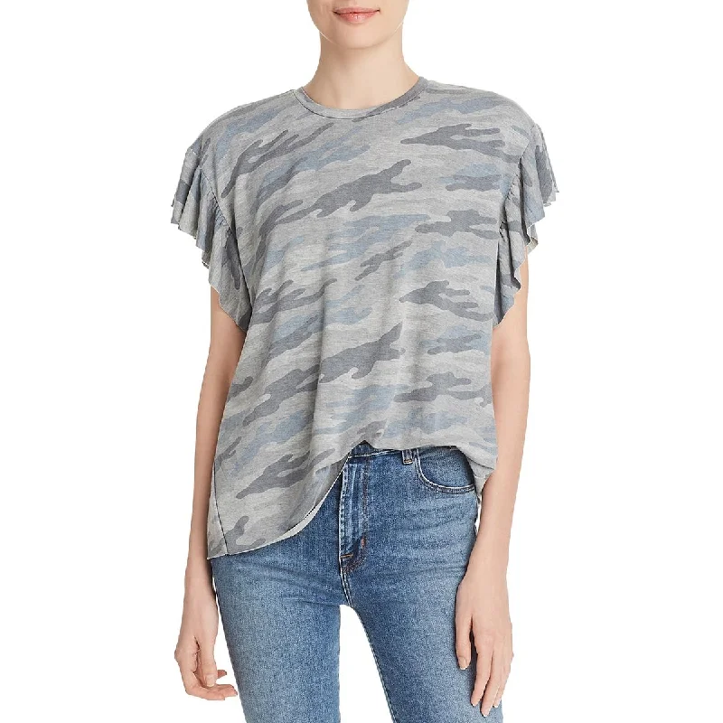 Elan Womens Camouflage Ruffled T-Shirt