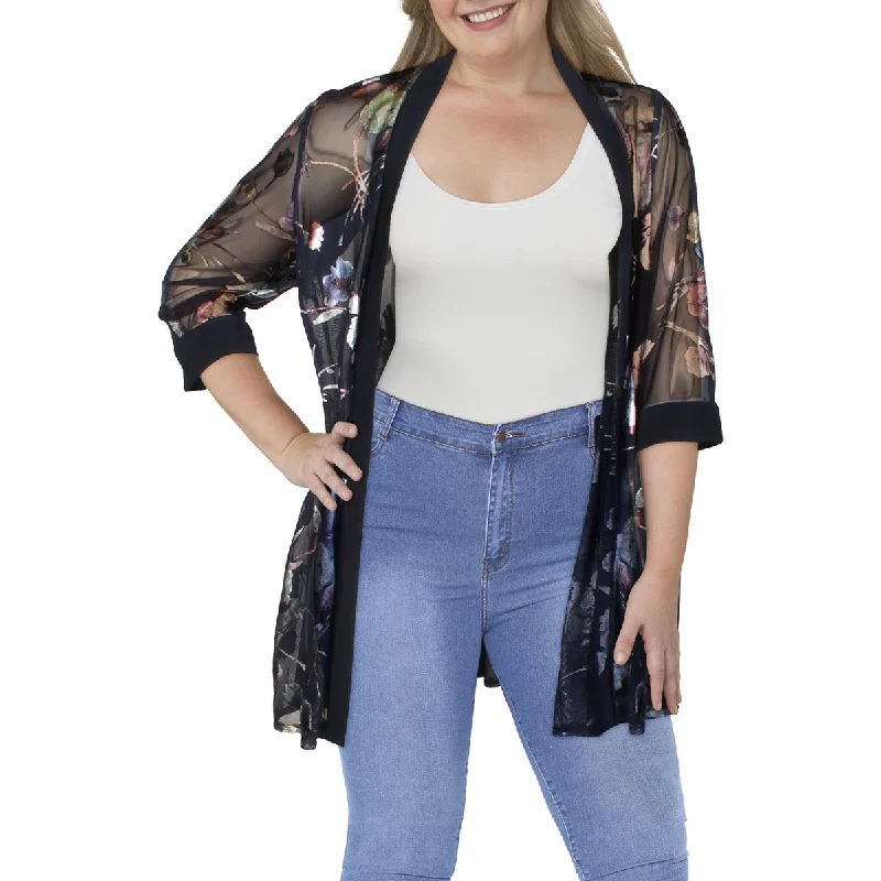 Midnight Madness R&M Richards Womens Plus Mesh Foiled Duster Blazer