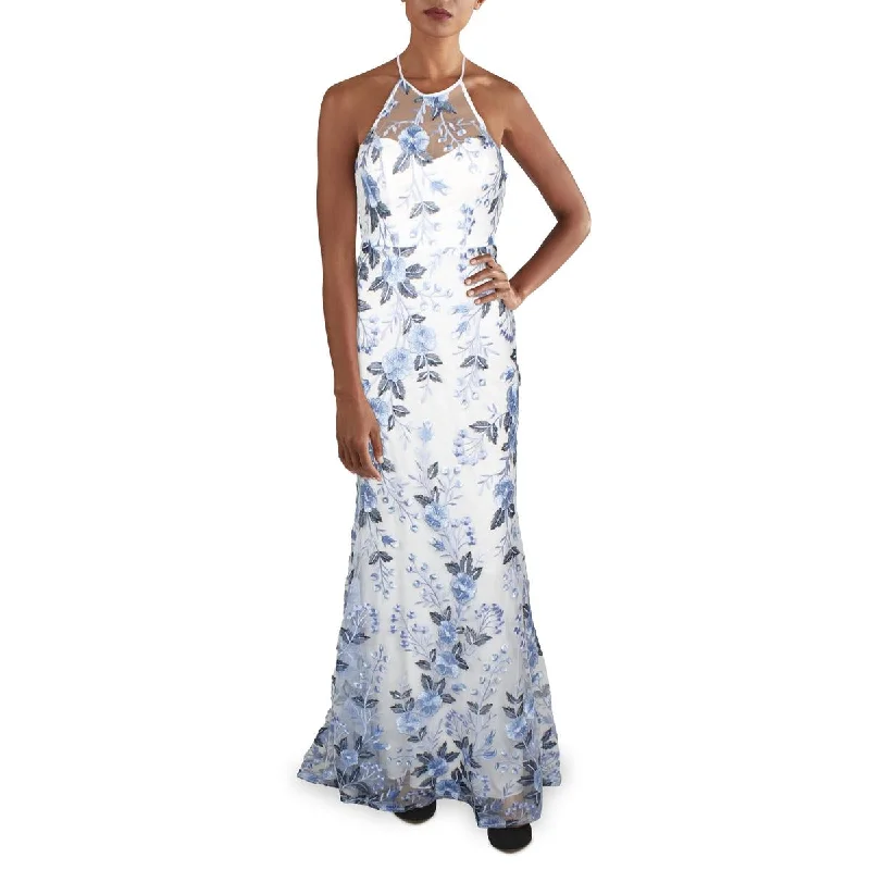 Seasonal Clearance Sequin Hearts Womens Juniors Embroidered Halter Neck Formal Dress