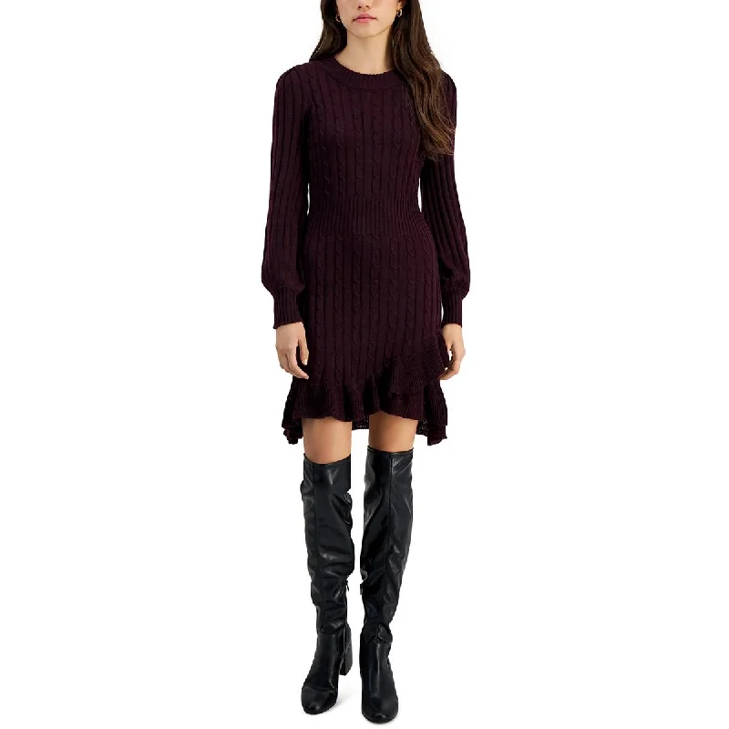 Taylor Womens Petites Cable Knit Ruffled Sweaterdress