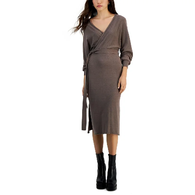 Taylor Womens Petites   Surplice Midi Sweaterdress