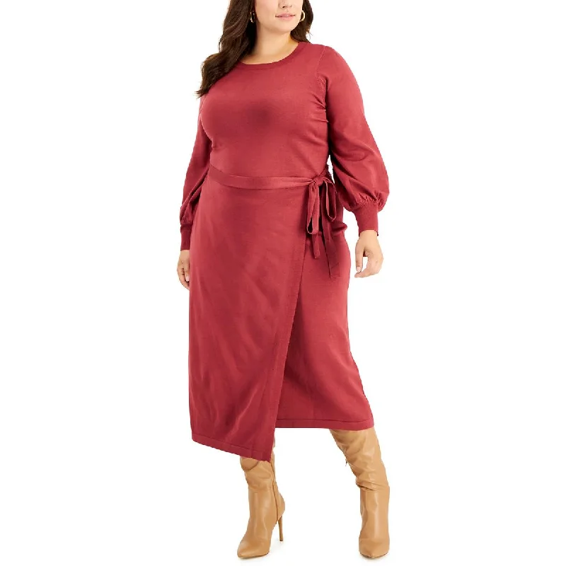 Taylor Womens Plus Faux Wrap Long Sweaterdress