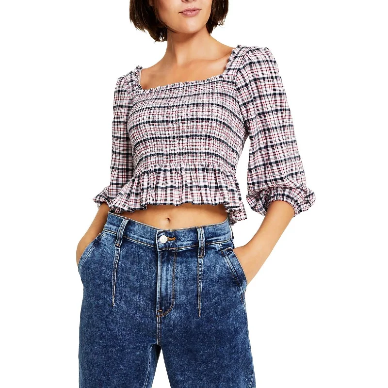 Value Deals Tommy Jeans Womens Plaid Smocked Peplum Top