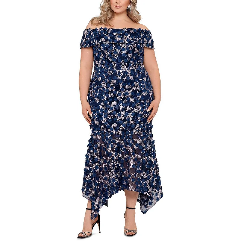 Daily Deals Xscape Womens Plus Floral Off-The-Shoulder Evening Dress