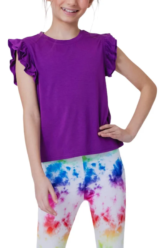 Girl's Rayon Ruffle Sleeve Crop Tee Top In Grape Juice