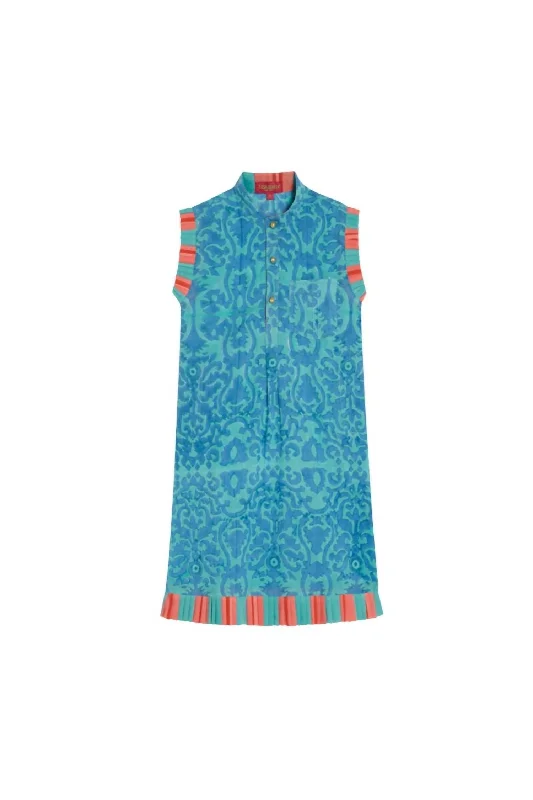 Girls Spring Kurta Top With Damask Design In Blue