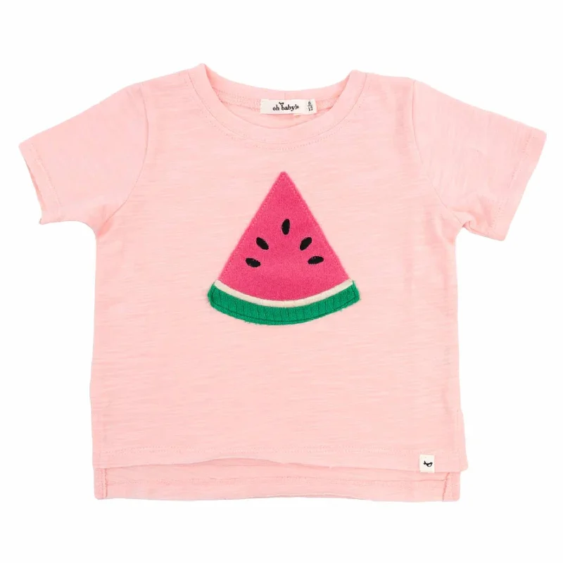 Girl's Watermelon Terry Applique Raw Edge Tee In Pale Pink