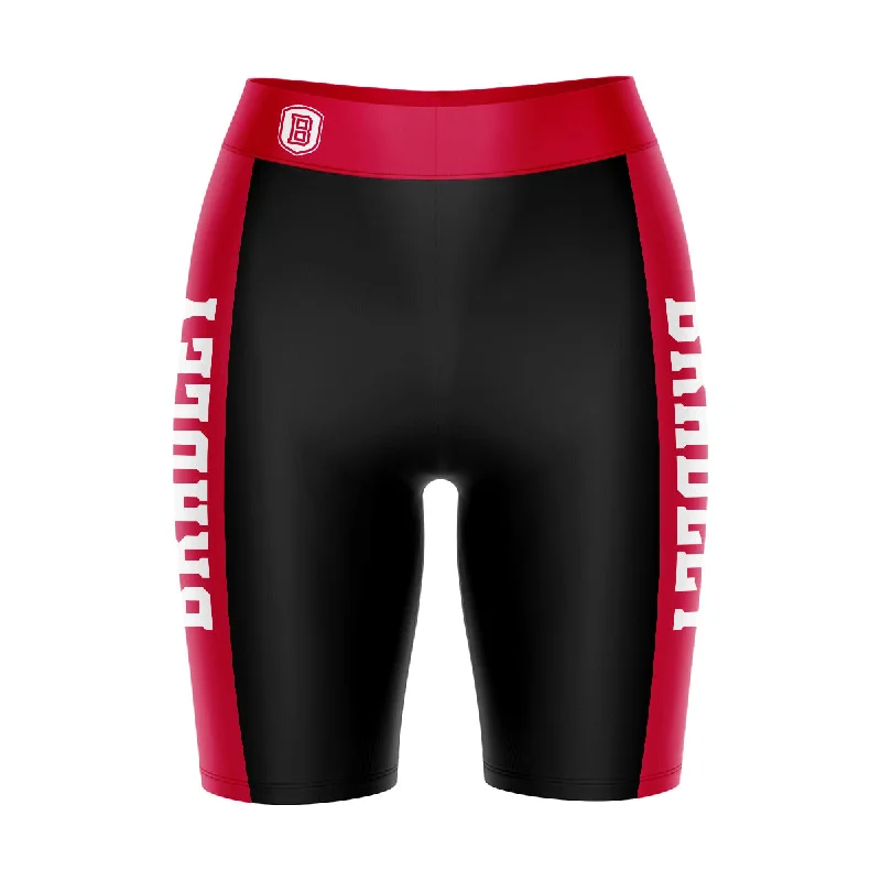 Bradley University Braves Game Day Logo on Waistband and Red Stripes Black Womens Bike Shorts by Vive La Fete