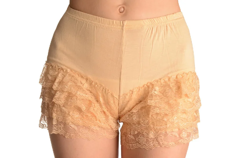 Act Fast Beige Lace Ruffle Shorts